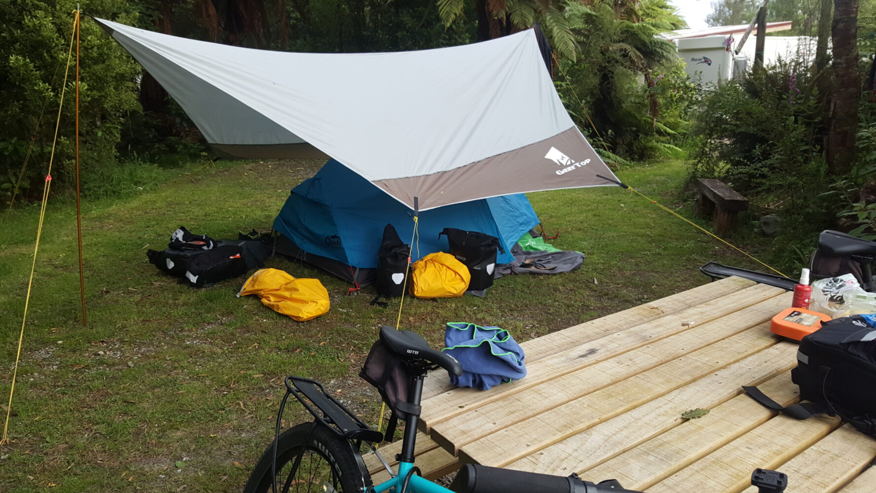 Our tent and tarp at the camping ground in Kumara