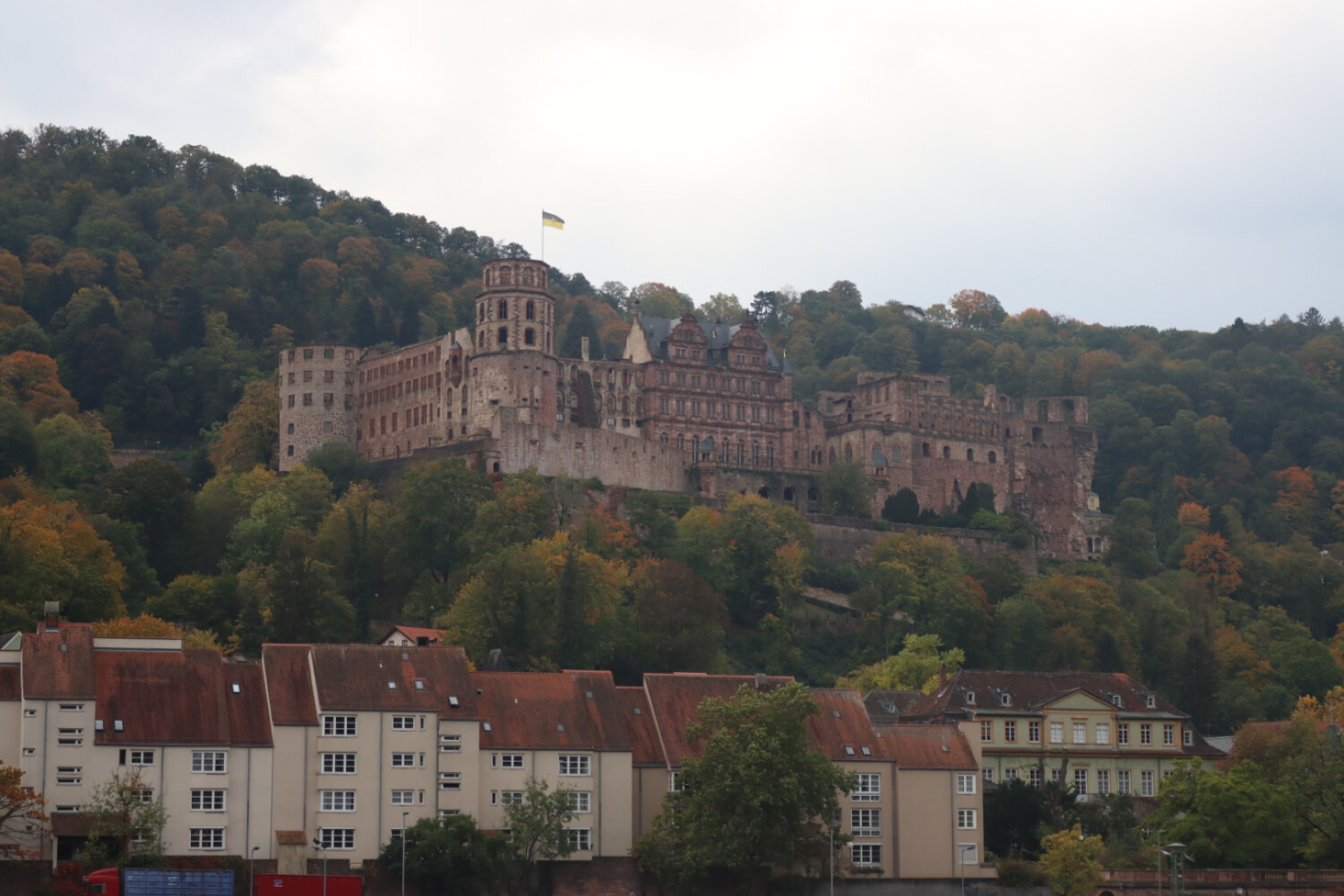 The castle of Heidelberg seen from the other side of the river Neckar.