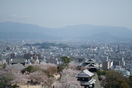 View over the castle park and Matsuyama city.