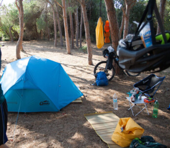 Our tent at the campsite Nurapolis in Sardinia.