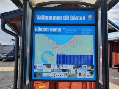 Båstad city sign at the harbour.