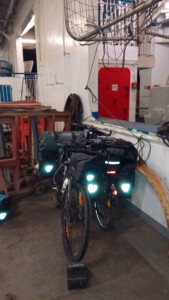 Two bikes on the ferry from Rostock to Trelleborg.
