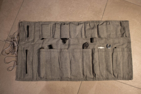Self made tool roll for bicycle tools - view from above.