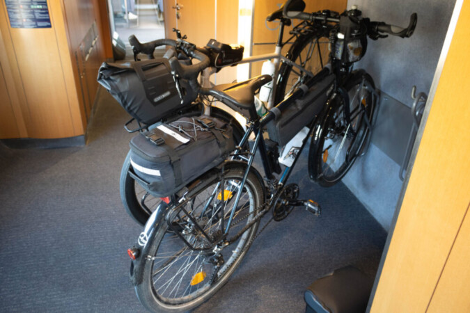 Two bicycles in the bike area on the ICE from Bensheim to Rostock.