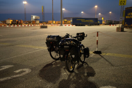 Two bicycles in the dark waiting for the ferry from Rostock to Trelleborg.