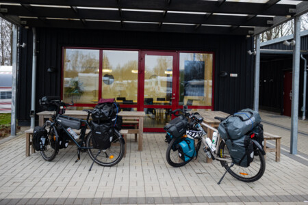 The packed bikes in front of the community room at Borstahusen.