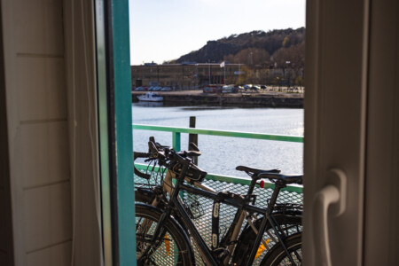 View from our cabin over the water - bikes always in view.
