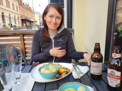 Alina at the dinner in Mariestad - salmon, potatoes and beer :)