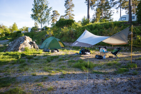 Tent and tarp - the base camp in Fiskeboda, directly at the lake.