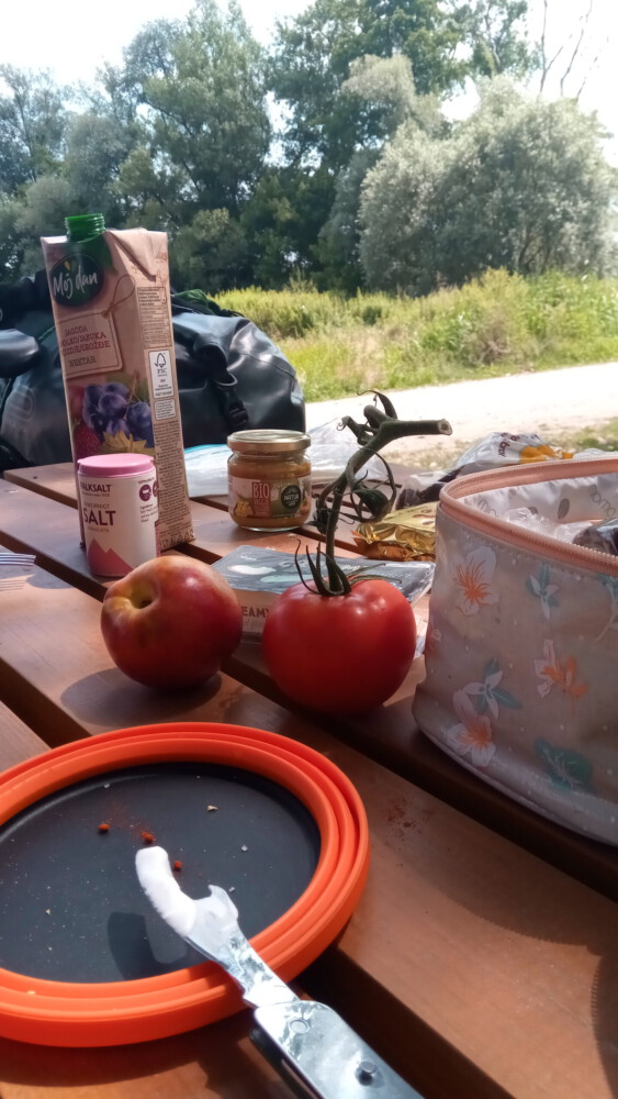 Lunch time - juice, tomatoes and some nectarine.