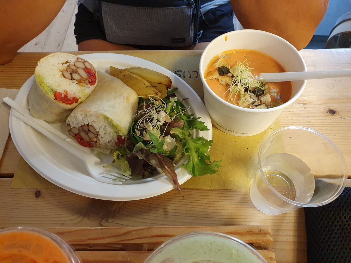 Soup and wrap at the vegan restaurant.