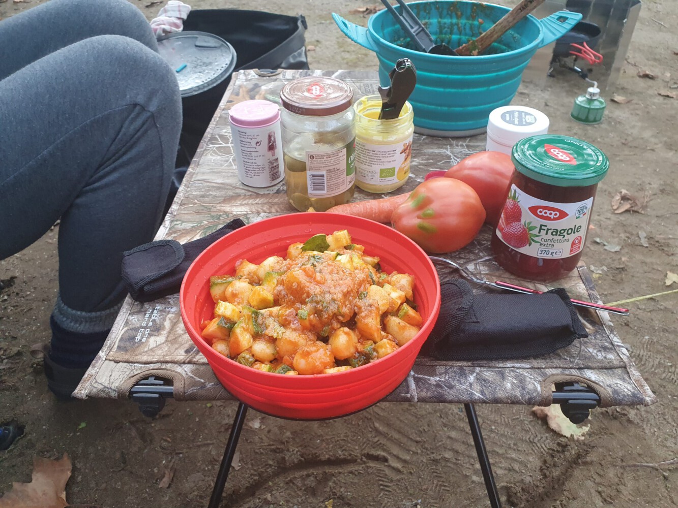 Vegan gnocchi dish at the campsite in Torre del Lago.